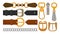 Flat vector set of belt elements. Stylish leather male and female waistbands, metal and golden accessories