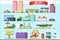 Flat vector set of big city elements. Children playground, amusement park, billboard, urban and private transport