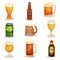 Flat vector set of bottles, glasses and mugs of beer. Alcoholic beverage. Elements for promo poster or banner of brewery