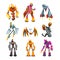 Flat vector set of bright-colored transformer robots. Futuristic monsters with metal body. Strong cyborgs. Fantasy