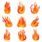 Flat vector set of bright red-orange fires. Hot blazing flames. Burning campfires. Cartoon symbol of danger