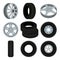 Flat vector set of car disks and tires. Alloy wheels. Elements for advertising banner or poster of auto service or shop