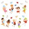 Flat vector set of cartoon children characters jumping and throwing books up in the air. Happy pupils of elementary