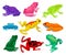 Flat vector set of cartoon frogs. Toads with short squat body, colorful smooth skin and long hind legs