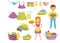 Flat vector set of cartoon laundry icons. Clean clothes on ropes, baskets with dirty garment, smiling housewife and boy