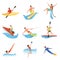 Flat vector set of cartoon people characters involved in extreme water sports. Young women and men. Active summer