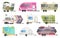 Flat vector set of classic camper vans and trailers. Recreational vehicles. Home on wheels. Comfort cars, Caravan van