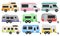 Flat vector set of classic camper vans and trailers. Recreational vehicles. Home of wheels. Comfort cars for family