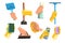 Flat vector set of cleaning supplies. Human hands holding rag, plastic scoop, bottles with liquid and powder, brush