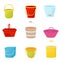 Flat vector set of colorful buckets. Plastic, wooden and metal water pails. Containers for carry liquids or other