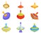 Flat vector set of colorful children whirligig toys. Wooden and plastic spinning tops