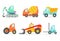 Flat vector set of colorful construction and cargo vehicles. Concrete mixing truck, large dumper, excavator, road