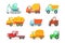 Flat vector set of colorful construction and cargo vehicles. Concrete mixing truck, large dumper, excavator, road