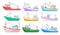 Flat vector set of colorful fishing boats. Water transport. Fishing trawlers. Commercial marine vessels