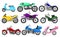 Flat vector set of colorful motorcycles and scooters. Vintage and fast sport bikes. Two-wheeled motor vehicles
