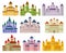 Flat vector set of colorful royal castles. Large fortresses with high towers. Elements for children book or mobile game