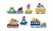 Flat vector set of colorful vehicles with luggage on roof. Vans, cars and bus with trailer. Travel and road trip theme