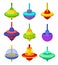 Flat vector set of colorful whirligigs. Classic children toy. Plastic spinning tops on white background