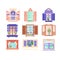 Flat vector set of colorful window frames. Flowers in pots on windowsills. House decoration elements. Building exterior