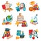 Flat vector set of compositions with objects related to school theme. Easel with canvas, books, backpack, laboratory