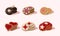 Flat vector set of cookies with different flavours. Delicious snack for breakfast. Sweet food. Graphic elements for