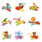 Flat vector set with cute animals flying in colorful airplanes. Cartoon characters of domestic and wild creatures