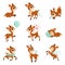 Flat vector set of cute fawn in different actions. Cartoon character of little deer. Adorable forest animal. Graphic