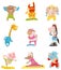 Flat vector set of cute humanized animals engaged in sports. Physical activity and healthy lifestyle. Funny cartoon