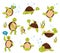 Flat vector set of cute turtles in different actions swimming, listening music, relaxing, saying Hi, meditating in lotus