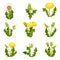 Flat vector set of dandelions. Wild herd with fluffy seeds. Summer plant with bright yellow flowers. Nature theme