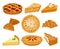 Flat vector set of delicious bakery products. Pies with different fillings, fresh croissant and cheesecake. Sweet food