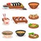 Flat vector set of different Asian dishes. Sushi, bowls with soups and noodle, shrimp dumplings and rice balls. Food