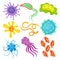 Flat vector set of different dangerous viruses. Pathogenic bacteria. Biology microorganism. Science and medicine theme