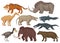 Flat vector set of different extinct prehistoric animals. Fishes, bird and wild mammal beasts. Wildlife theme