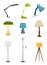 Flat vector set of different floor and desk lamps. Home decor elements. Lighting devices. Decorative interior objects