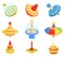 Flat vector set of different humming top icons. Children whirligig toys. Kids development game