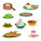 Flat vector set of different Malaysian dishes. Delicious food. Asian cuisine. Culinary theme