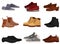 Flat vector set of different male and female shoes, side view. Casual and formal men footwear. Fashion theme