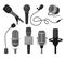 Flat vector set of different microphones. Professional sound recording equipment. Dynamic and condenser mics