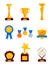 Flat vector set of different prizes. Shiny golden cups, golden rosette with ribbon, medals, glass award. Trophies for