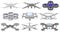 Flat vector set of different quadcopters. Unmanned aerial vehicles. Flying drones. Modern technology