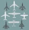 Flat vector set of different types of aircraft. Powerful fighter jets. Airplanes for transporting passengers or cargo