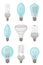 Flat vector set of different types of light bulbs. Incandescent and compact fluorescent lamps. Electricity theme