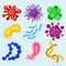 Flat vector set of different types of microorganisms. Disease-causing viruses. Objects related to science and