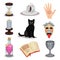 Flat vector set of divination icons. Ritual attributes. Black cat, cup with coffee grounds, potion, book, candle, scary