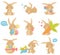 Flat vector set of Easter rabbit in different actions. Adorable brown bunny with long ears and short tail