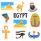 Flat vector set of Egyptian culture elements. Pyramids, camel, man in keffiyeh, Tutankhamen and Nefertiti, Great Sphinx