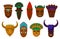 Flat vector set of ethnic wooden masks. Ritual attributes. Symbols of ancient African tribes. Elements for promo flyer