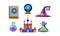 Flat vector set of fabulous items for mobile game. Book of spells, magic ball, wizard hat, bottles with elixirs and