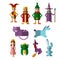 Flat vector set of fabulous magic and halloween characters, people and animals. Princess, king, wizard and witch with